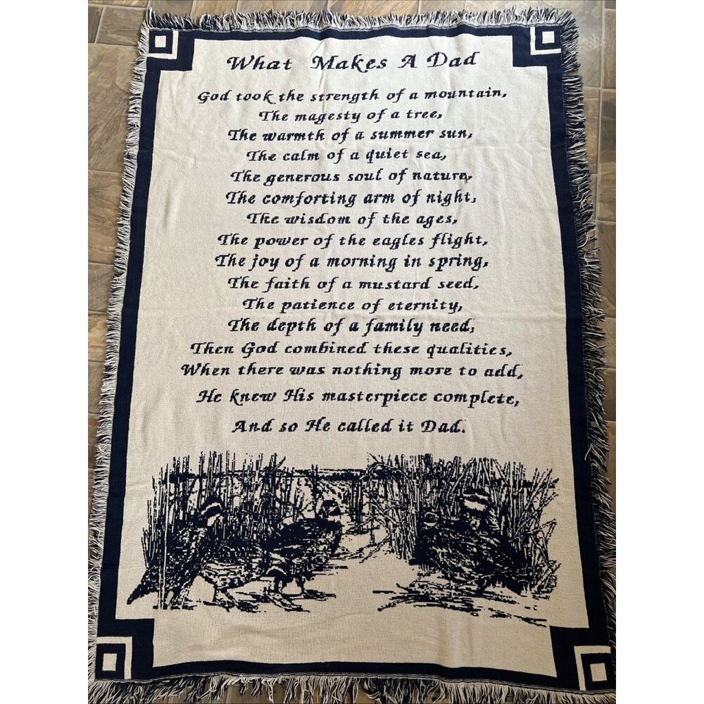 Woven Throw Blanket "What Makes A Dad" Blue Ivory Soft Woven Cotton 71" Long Vtg - Picture 2 of 11